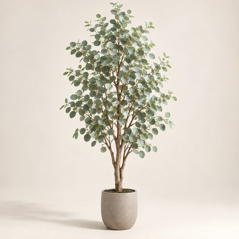 Tall eucalyptus tree with branching wood-look trunk, round muted silver-green leaves and warm-gray pot.