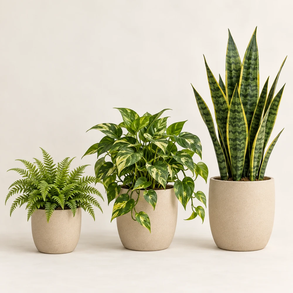 Exactly three plants: 25 cm fern, 40 cm pothos and 60 cm snake plant, each in matching sand-colored pot.