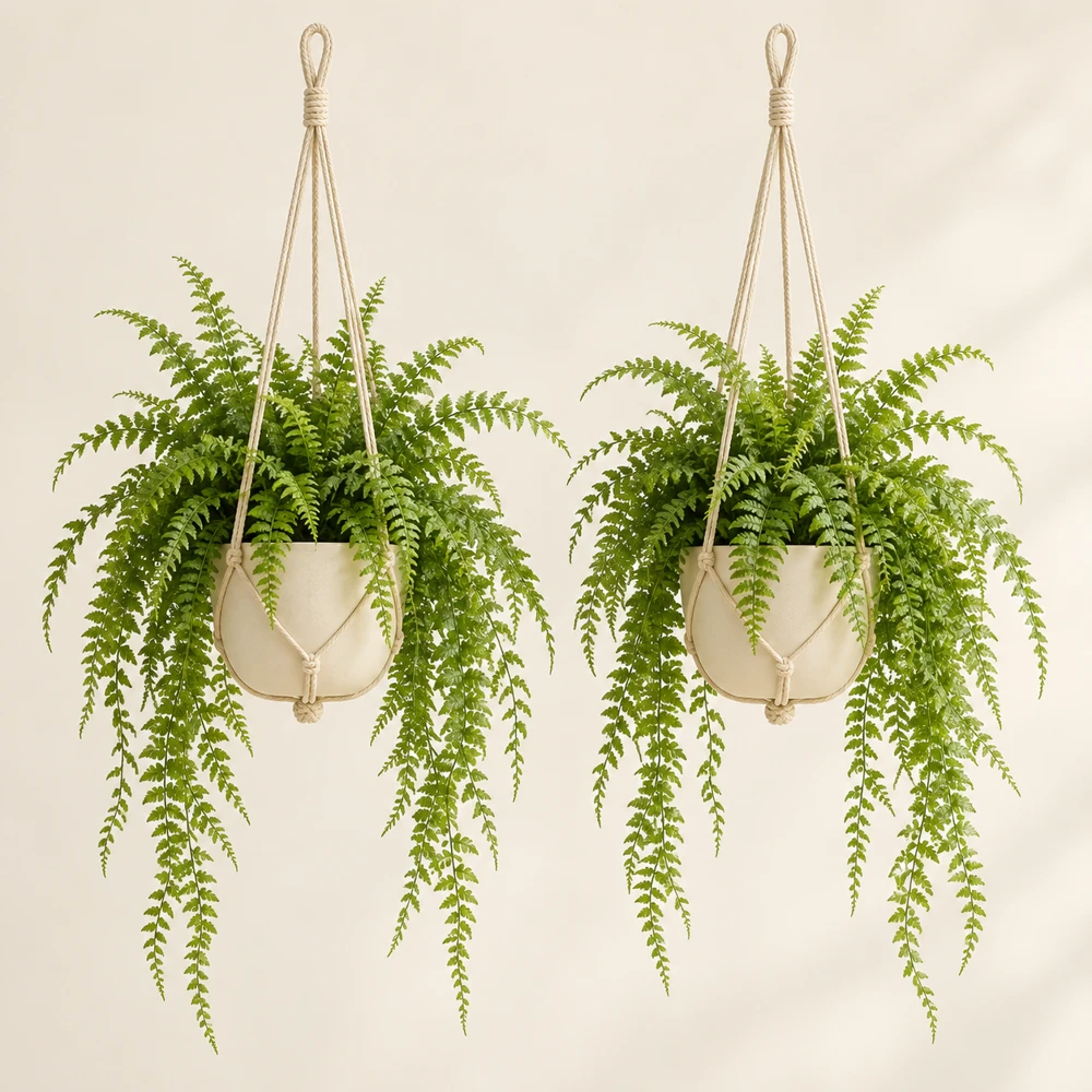 Exactly two matching cream hanging pots with green fern fronds and cotton hanging cords, each trailing 70 cm.