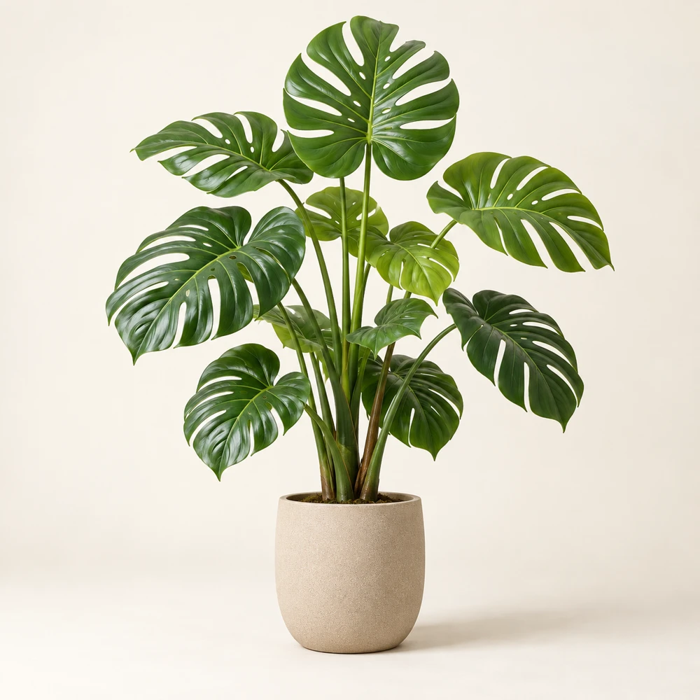 Split glossy green monstera leaves on several stems in a matte sand-colored pot.