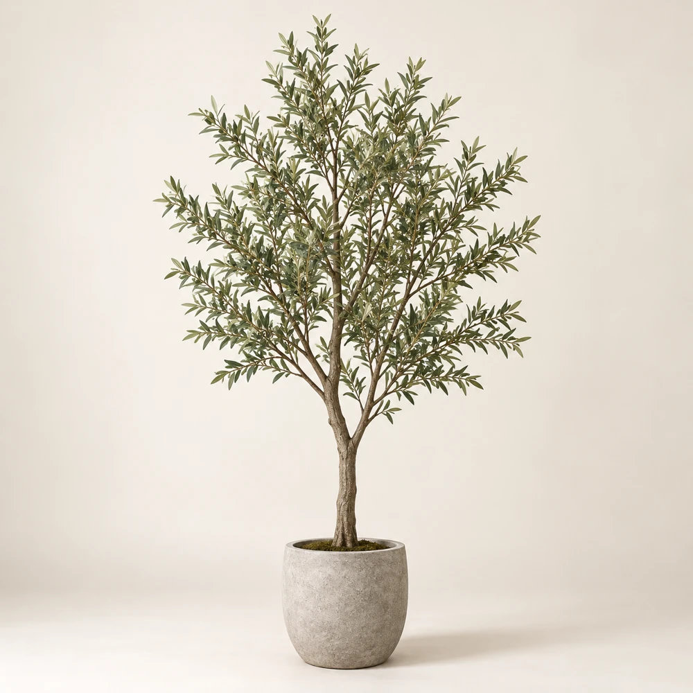 Tall spreading olive tree, small narrow olive-green leaves, limestone-gray pot, no fruit.