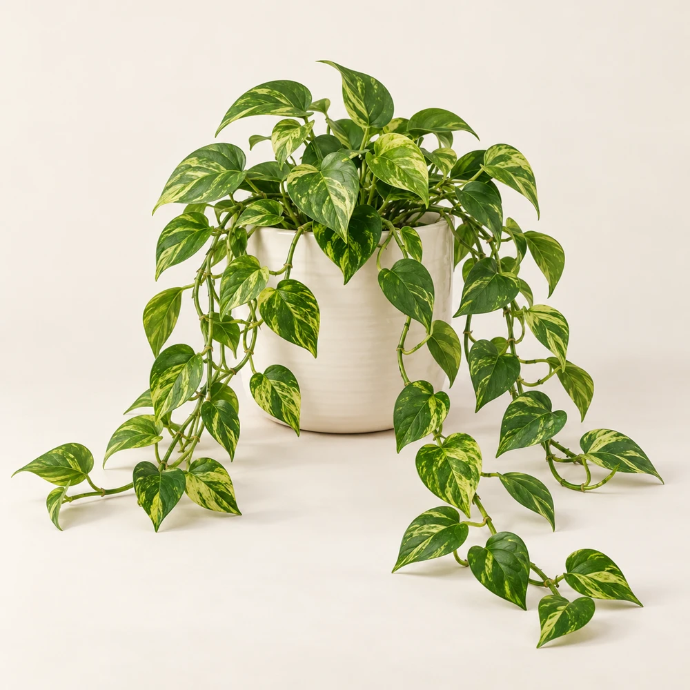 Green and yellow-green variegated heart-shaped pothos leaves trailing 60 cm from a cream ceramic pot.